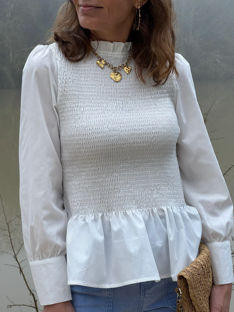 Top manche longue cintré avec volant blanc MILOE – Image 5