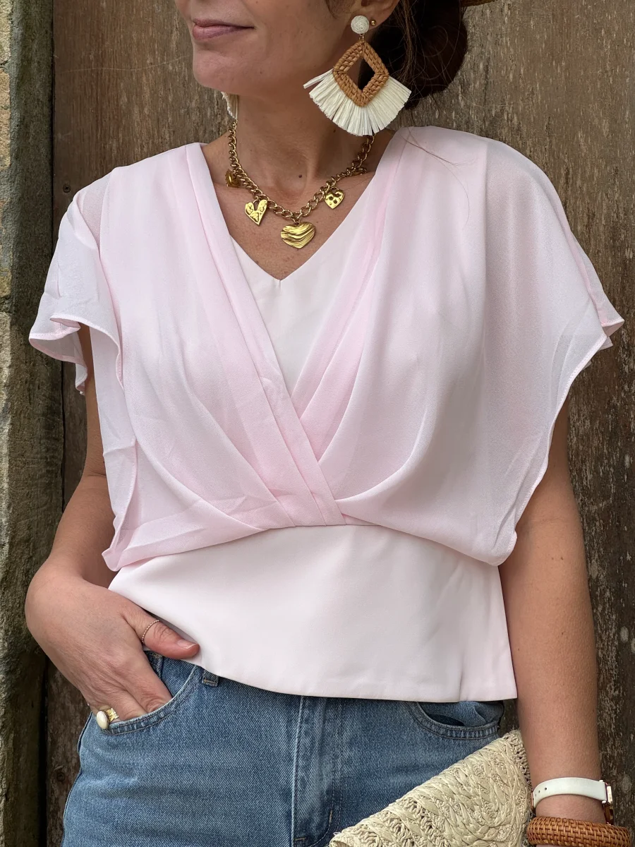 Top rose drapé croisé volant NOA – Image 6