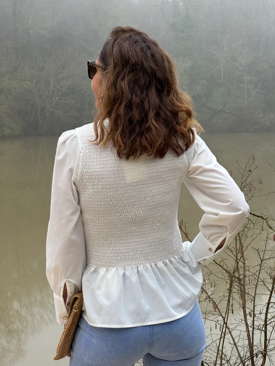 Top manche longue cintré avec volant blanc MILOE – Image 6