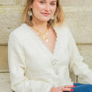 Veste blanche et écru tweed boutons fleurs HORTENSIA