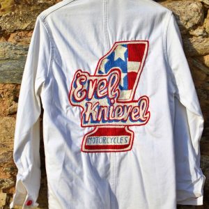 Jacket white workwear from the 50's Evel Knievel hand embroidered chainstitch/veste ouvrière brodée main point de chaînette