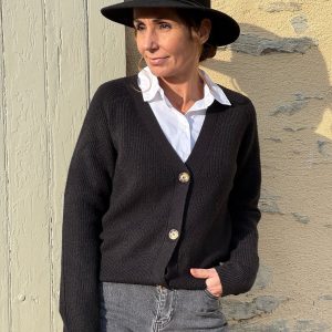 Cardigan noir col V avec boutons LAURA