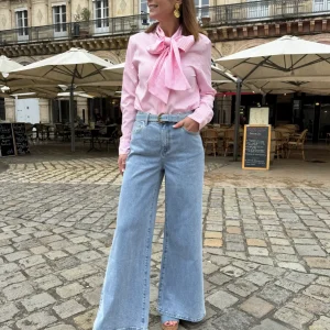 Chemise à rayures rose col lavallière SELENA