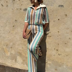 Top en crochet turquoise et écru MERY