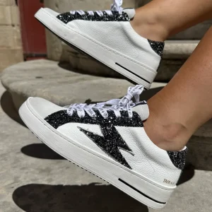 Basket blanche éclair à paillettes noir et argenté en cuir MAYA 10279 Semerdjian