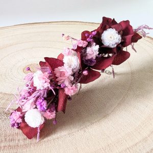Barrette à cheveux fleurie pour coiffure de mariage en fleurs stabilisées bordeaux & blanches, Betty