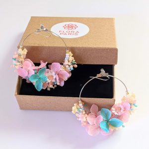 Boucles d’oreilles créoles en fleurs stabilisées & séchées roses, Candy