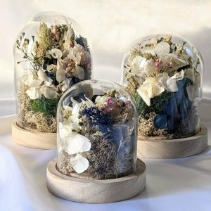 Cloche de fleurs stabilisées & fleurs séchées dans les tons bleus et verts, Arcachon