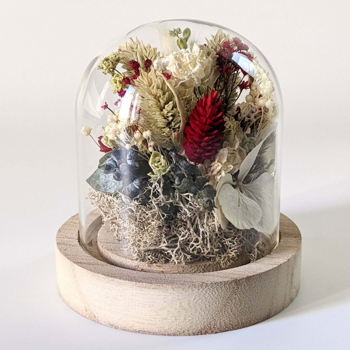 Cloche de fleurs séchées aux couleurs rouges et vertes, Sofia – Image 3