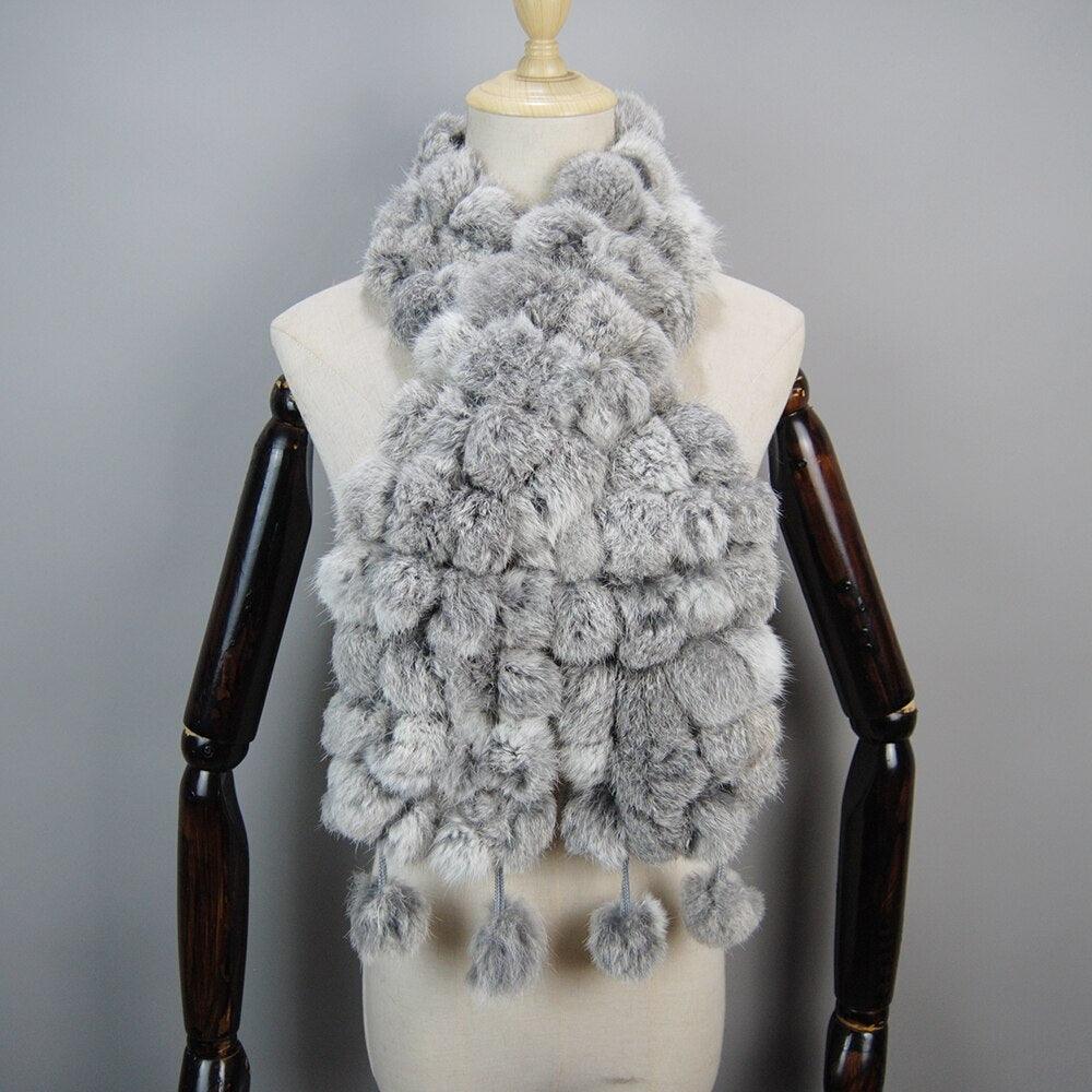 Écharpe en fourrure de lapin avec pompons uni – Image 6