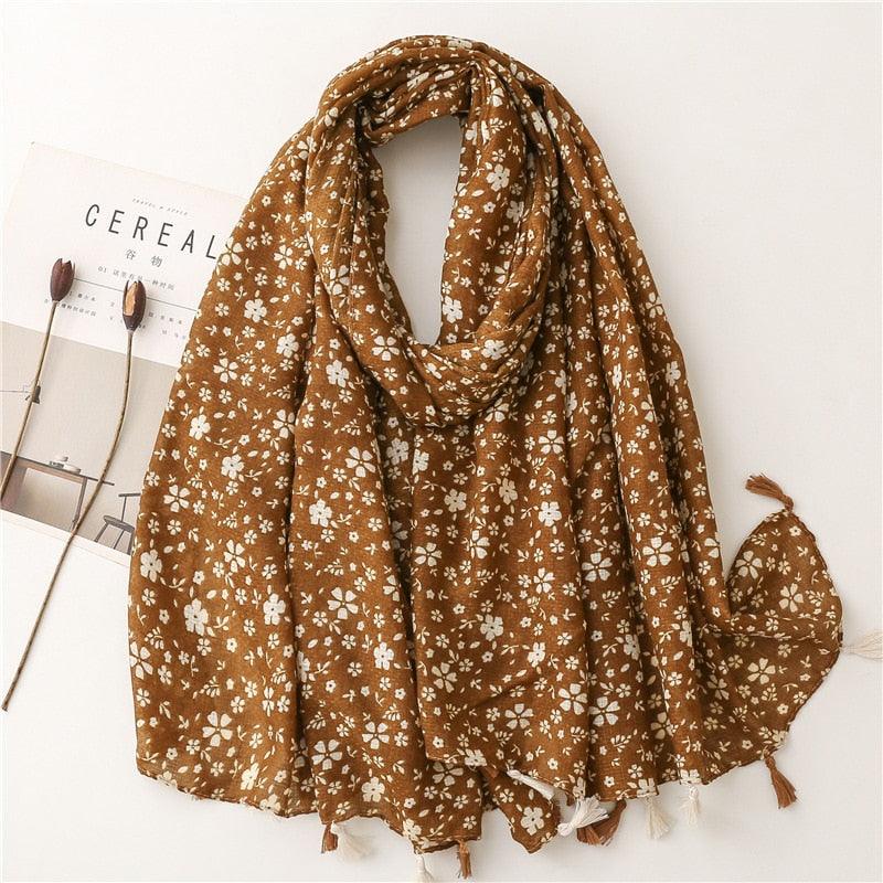 Foulard bohème en coton motif fleurs blanches