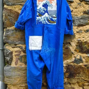 Handembroidery Vintage French Coverall by Sophie "The Big Wave of Kanagawa" by the master of painting Hokusai