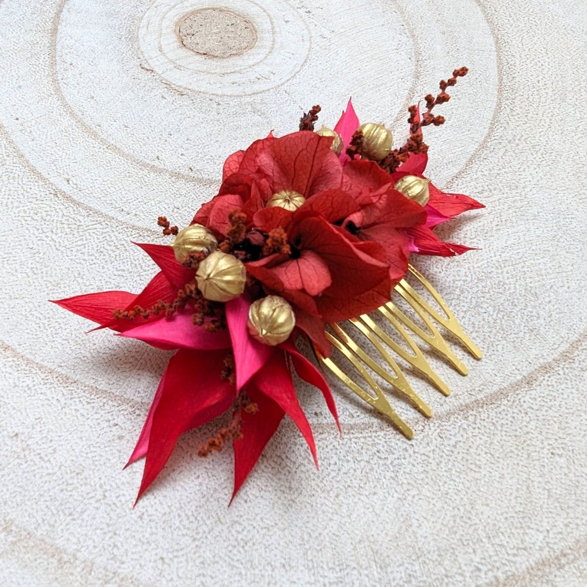 Peigne à cheveux fleuri pour coiffure de mariage en fleurs stabilisées aux couleurs vives, Joyce – Image 5