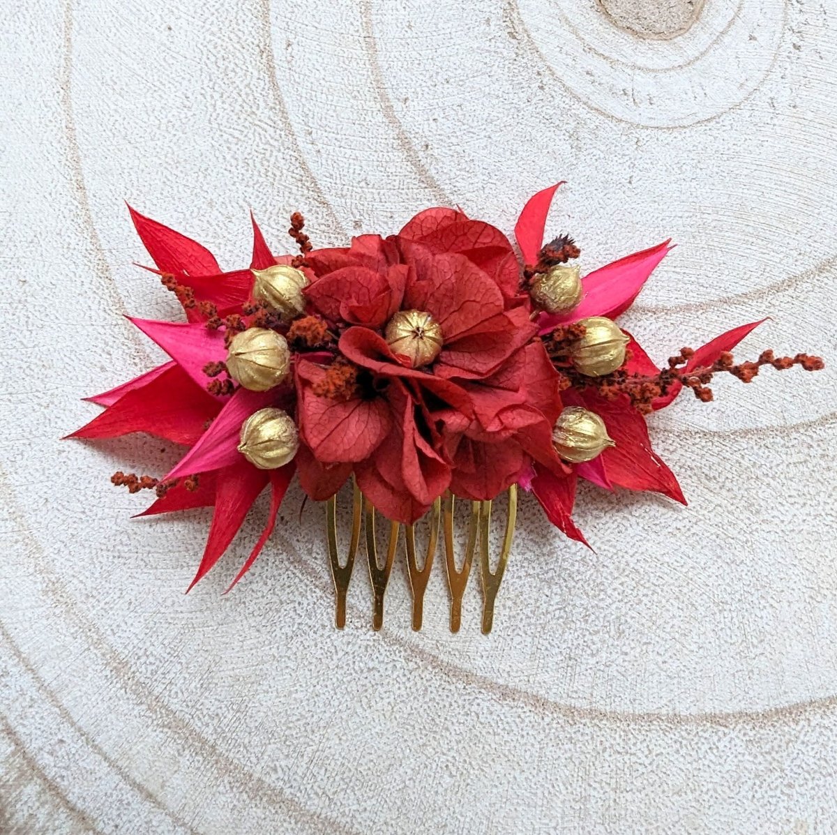 Peigne à cheveux fleuri pour coiffure de mariage en fleurs stabilisées aux couleurs vives, Joyce – Image 2