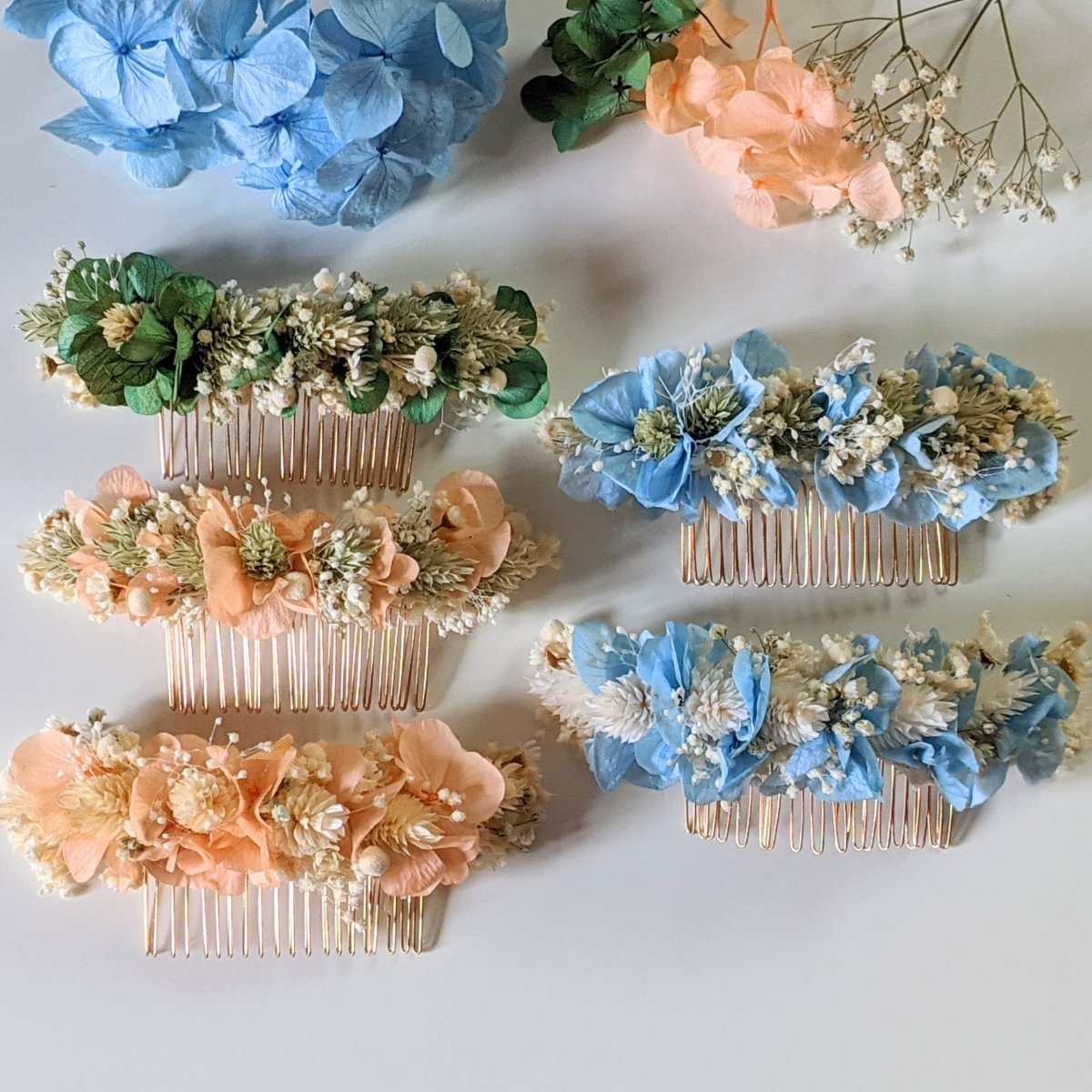 Peigne à cheveux fleuri pour coiffure de mariage en fleurs séchées & fleurs stabilisées, Castille