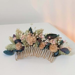 Peigne à cheveux fleuri pour coiffure de mariage en fleurs séchées & stabilisées bleues, Mona