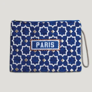 POCHETTE TISSU MAROCAIN - BRODERIE PARIS - INSPIRÉE DU MÉTRO PARISIEN - BLEU FONCÉ