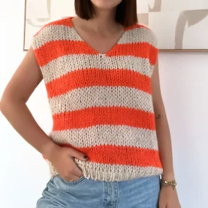 Pull maille sans manches rayé orange