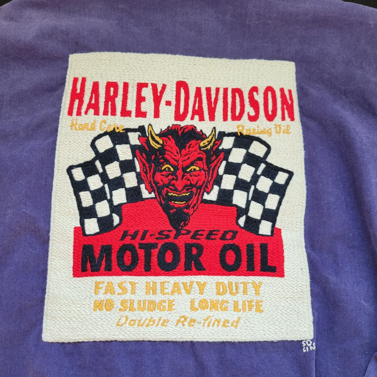 Veste de travail des années 60 coupe Cycliste brodée à la main Devil HARLEY-DAVIDSON Motor Oil – Image 3