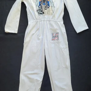 Handembroidery Vintage White Coverall "The Girl on motorcycle " signed by Punk and Coton