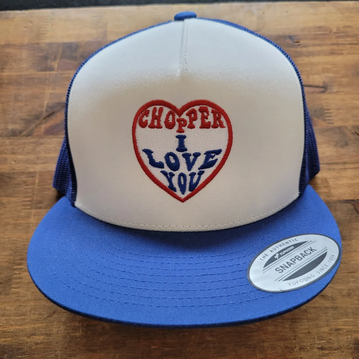 Trucker Cap Brodée "CHOPPER I LOVE YOU" Version Fond Blanc / Bleu – Image 4