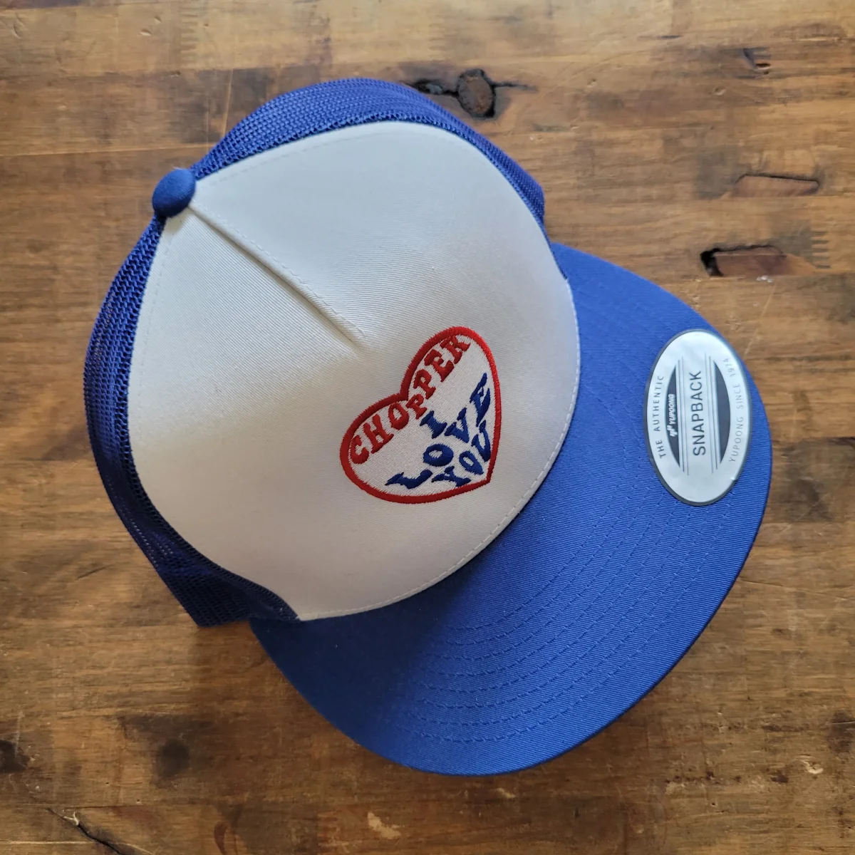 Trucker Cap Brodée "CHOPPER I LOVE YOU" Version Fond Blanc / Bleu