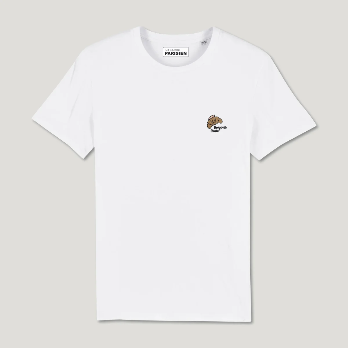T-SHIRT COTON BIO BRODÉ – CROISSANT KAWAII - BONJOUR PARIS - BLANC – Image 2