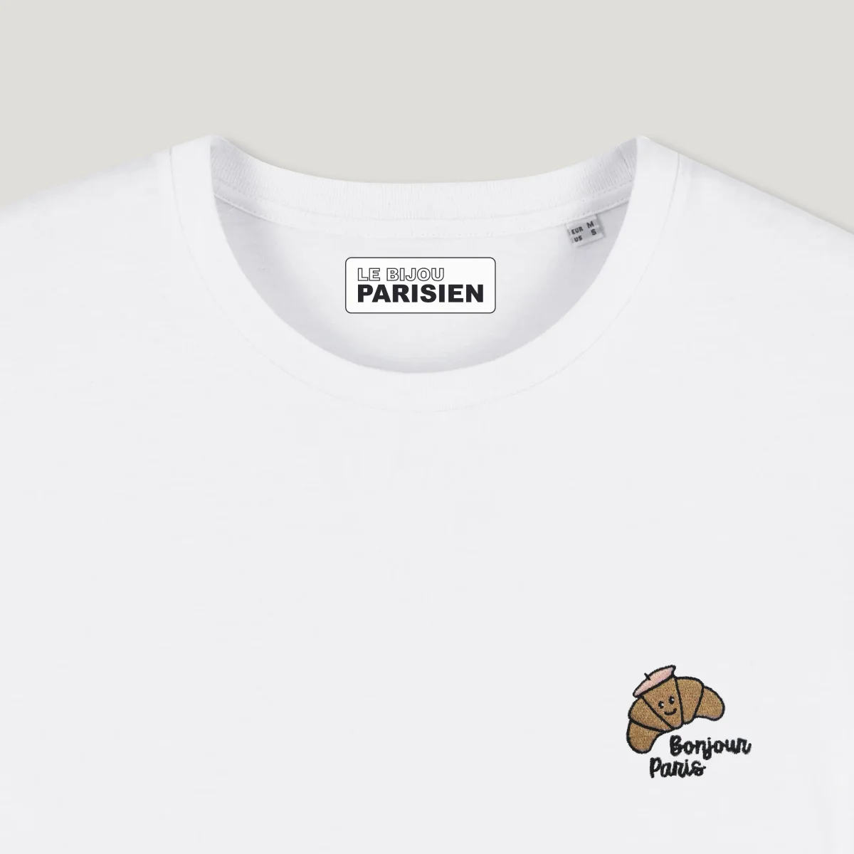 T-SHIRT COTON BIO BRODÉ – CROISSANT KAWAII - BONJOUR PARIS - BLANC – Image 3