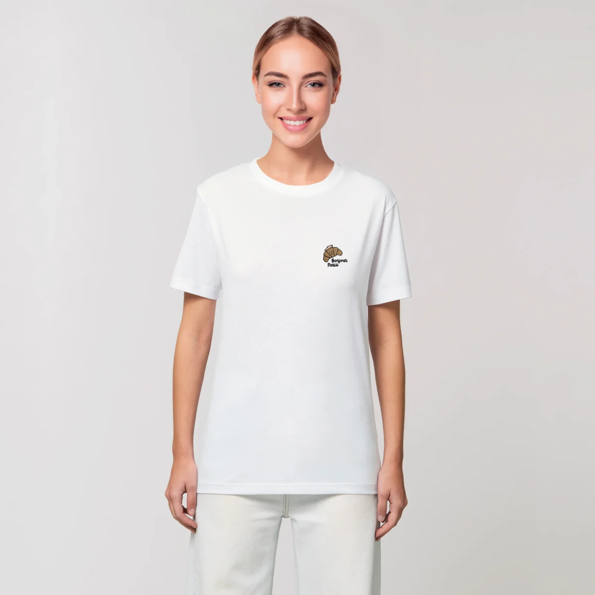 T-SHIRT COTON BIO BRODÉ – CROISSANT KAWAII - BONJOUR PARIS - BLANC – Image 4
