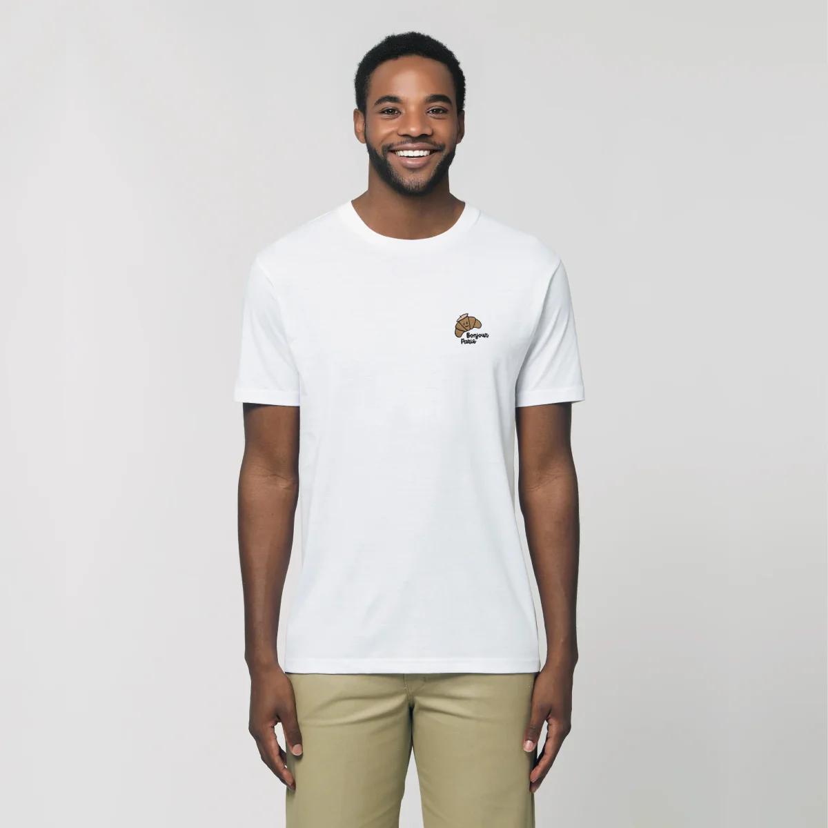 T-SHIRT COTON BIO BRODÉ – CROISSANT KAWAII - BONJOUR PARIS - BLANC – Image 5