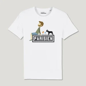 T-SHIRT COTON BIO IMPRIMÉ – PARISIEN AVEC SON BOULEDOGUE - BLANC