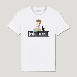 T-SHIRT COTON BIO IMPRIMÉ – PARISIENNE CHAT - BLANC
