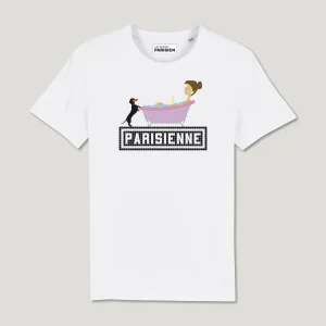 T-SHIRT COTON BIO IMPRIMÉ - PARISIENNE BAIN - BLANC