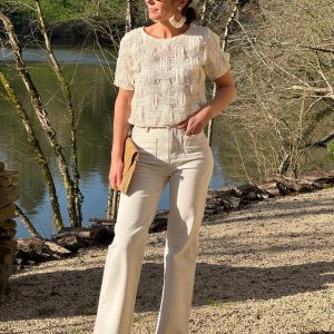 Top beige broderie quadrillage ALBA