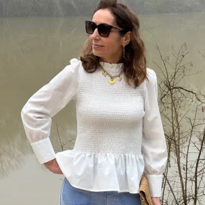 Top manche longue cintré avec volant blanc MILOE