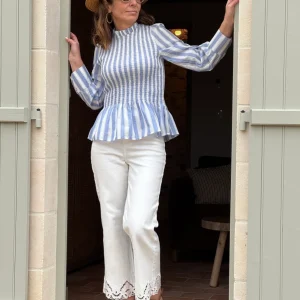 Top manche longue cintré avec volant rayures blanche et ciel MILOE