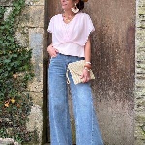 Top rose drapé croisé volant NOA