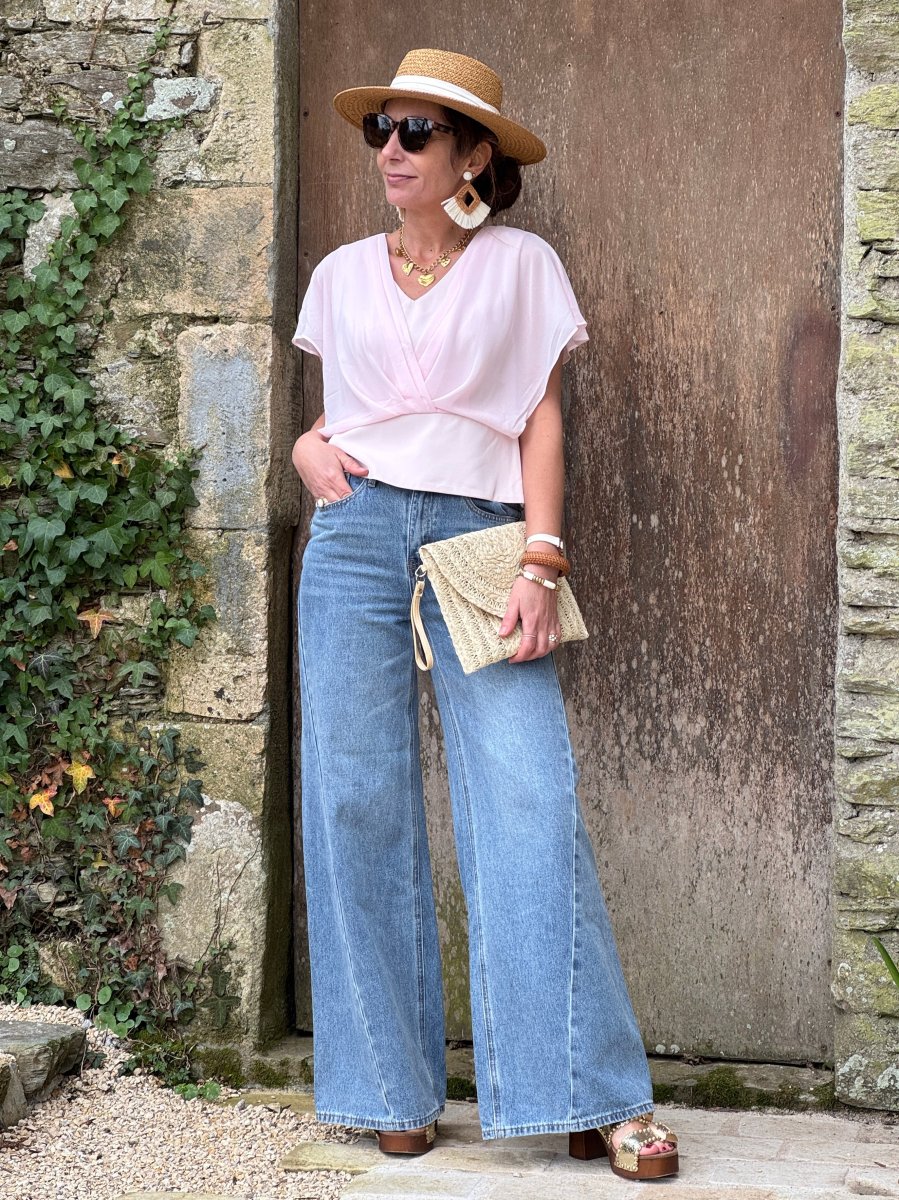 Top rose drapé croisé volant NOA