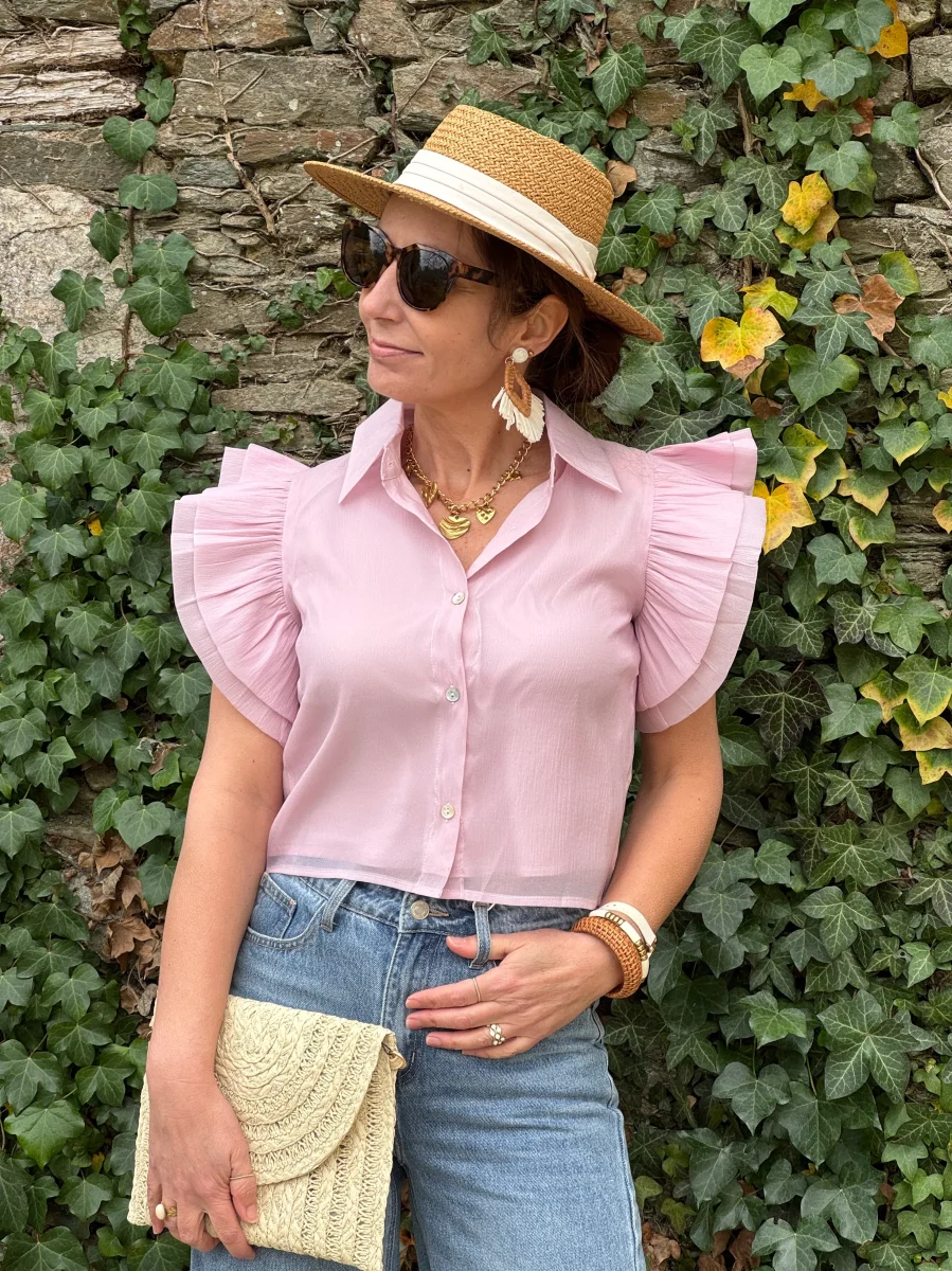 Top rose crêpe transparente INES