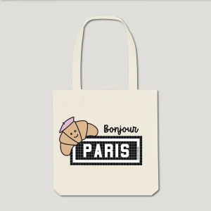 TOTE BAG COTON BIO IMPRIMÉ - BONJOUR PARIS CROISSANT - ÉCRU