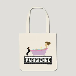 TOTE BAG IMPRIMÉ - PARISIENNE TECKEL / BAIN - ÉCRU