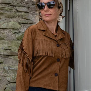 Veste camel en nubuck à franges ELMA